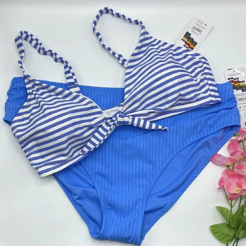 Tie Front Bralette Swim Top & Ribbed Bottom Swimsuit Bathing Suit Bikini Size 1X